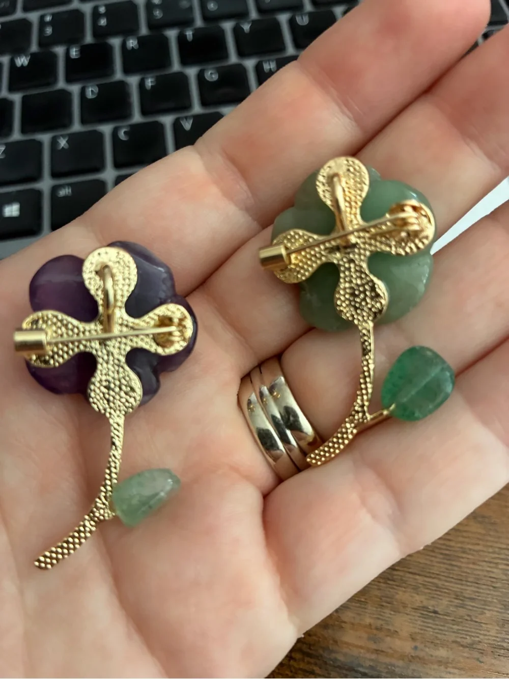 Handcrafted Floral Gemstone Brooches and Pendants in Green and Purple